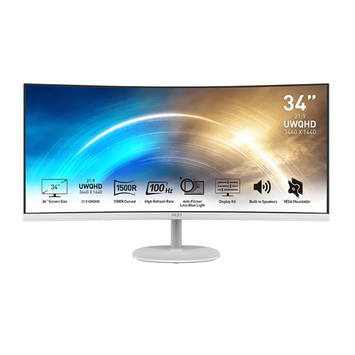 MSI PRO MP341CQW 34" Curved Gaming Monitor (White, UWQHD, 100Hz, 1ms) - 9S6-3PB2CT-033
