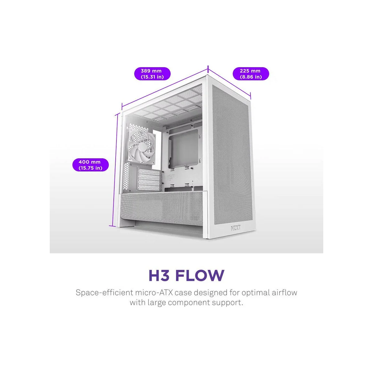 NZXT H3 Flow Micro-ATX Mid Tower Gaming Case – White view 3