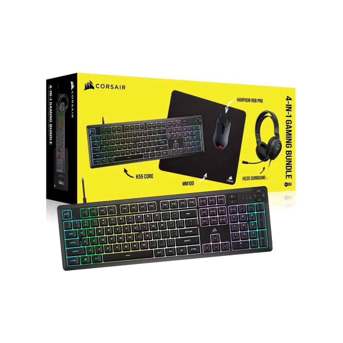 Corsair HARPOON RGB PRO 4 in 1 K55 Core, Harpoon Pro, MM100, HS35 Gaming Bundle - Black - CH-9226F65-NA