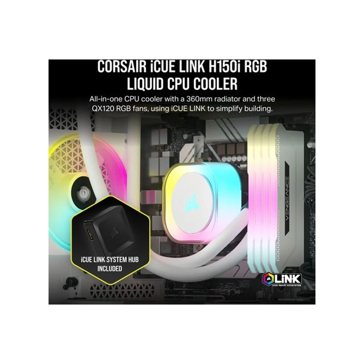 CORSAIR iCUE LINK H150i RGB Liquid CPU Cooler (White, 360mm Radiator, QX120 Fans) - CW-9061006-WW view 3