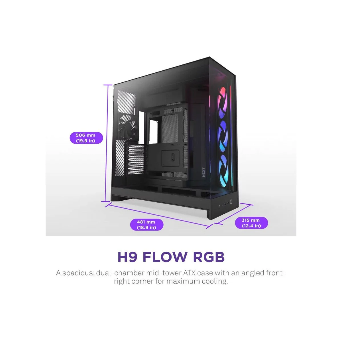 NZXT H9 Flow RGB (2025) Dual-Chamber Mid Tower Case - Black - CM-H92FB-R1 view 5