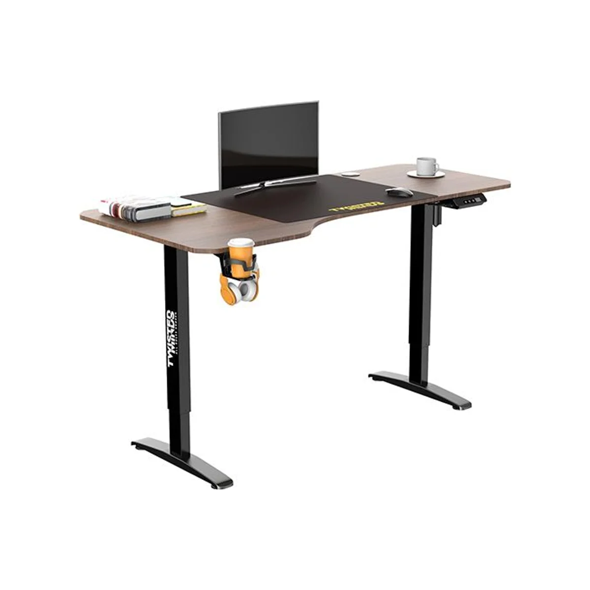 TWISTED MINDS T Shaped Height Adjustable Electric Gaming Desk (160CM*75CM) Walnut - Carbon Fiber Texture, Cup Holder, Headphone Holder, Sedentary Reminder - TM-T-9085-L