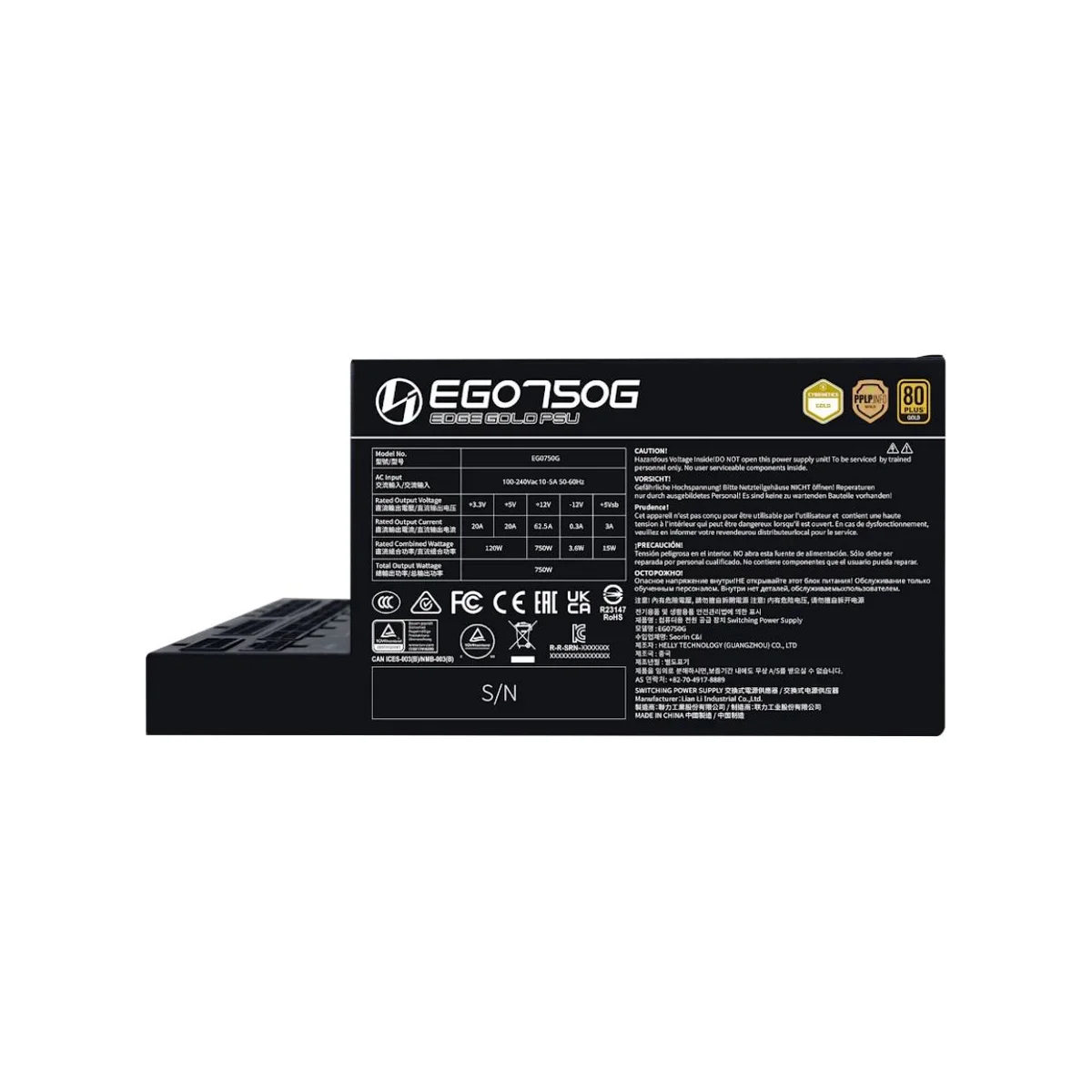 Lian Li EDGE GOLD 750W 80 PLUS Gold Modular ATX Power Supply - Black (750W, ATX 3.1, Fully Modular, 120mm FDB Fan) - EG0750G-B view 3