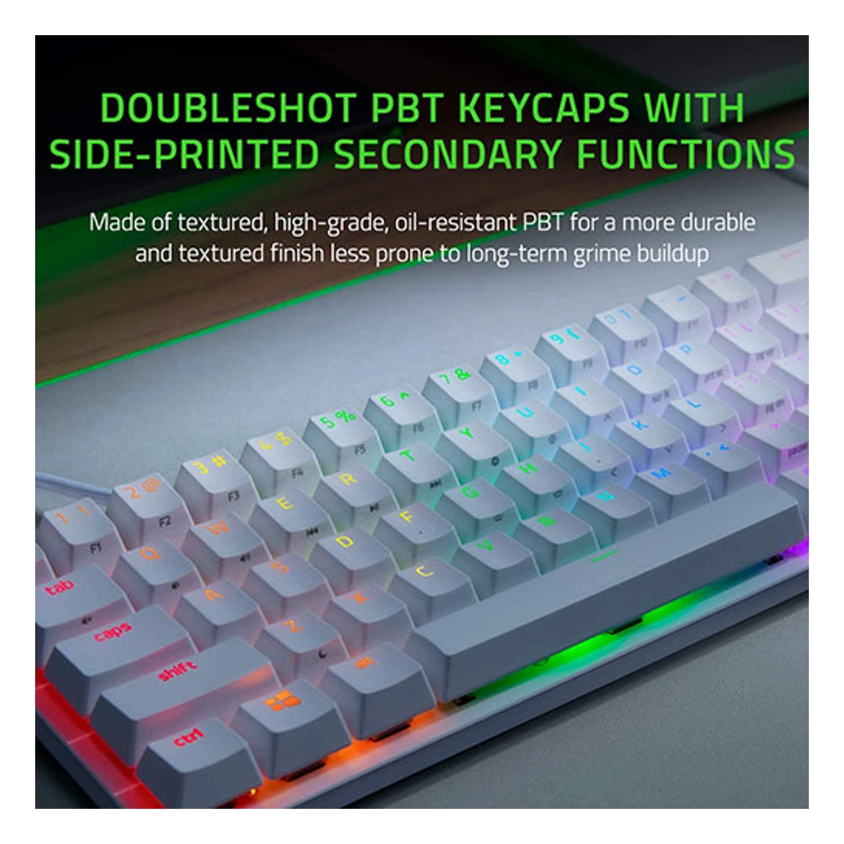 Razer Huntsman Mini 60% Gaming PBT Chroma RGB Keyboard with Clicky Purple Optical Switches - Mercury White | RZ03-03390300-R3M1 view 3