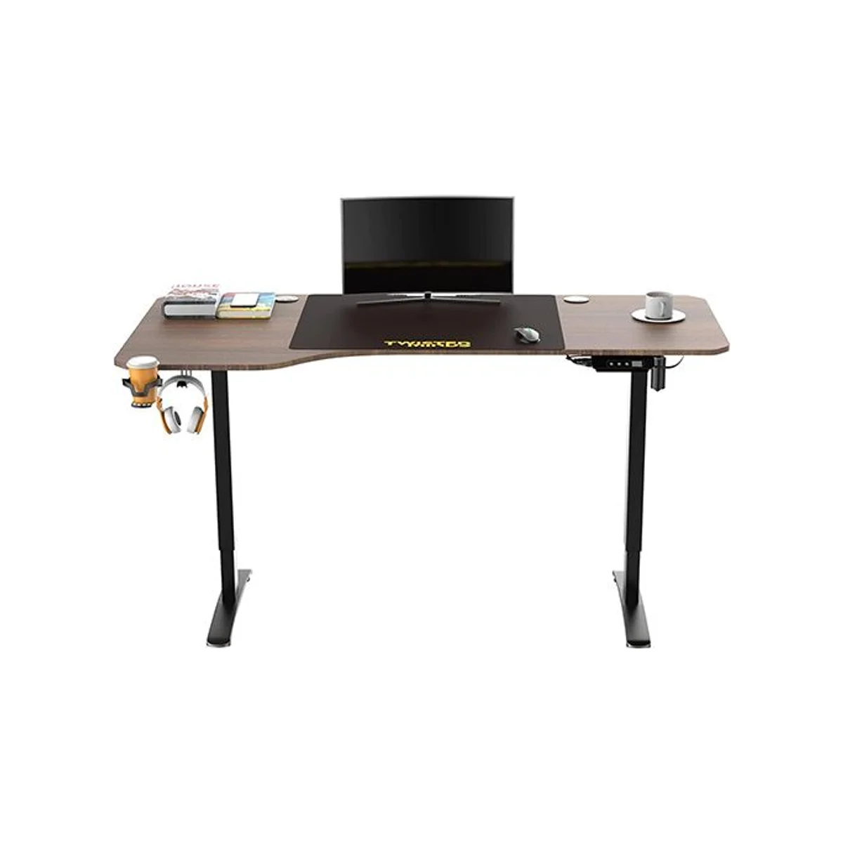 TWISTED MINDS T Shaped Height Adjustable Electric Gaming Desk (160CM*75CM) Walnut - Carbon Fiber Texture, Cup Holder, Headphone Holder, Sedentary Reminder - TM-T-9085-L view 2