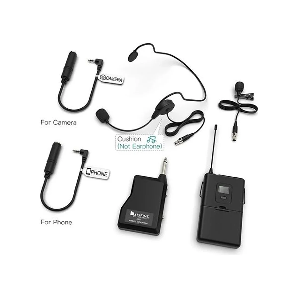 FIFINE K037B Wireless Microphone Set with Headset / Lavalier Mics - Black (UHF, Cardioid, 50-16kHz) - K037B view 2