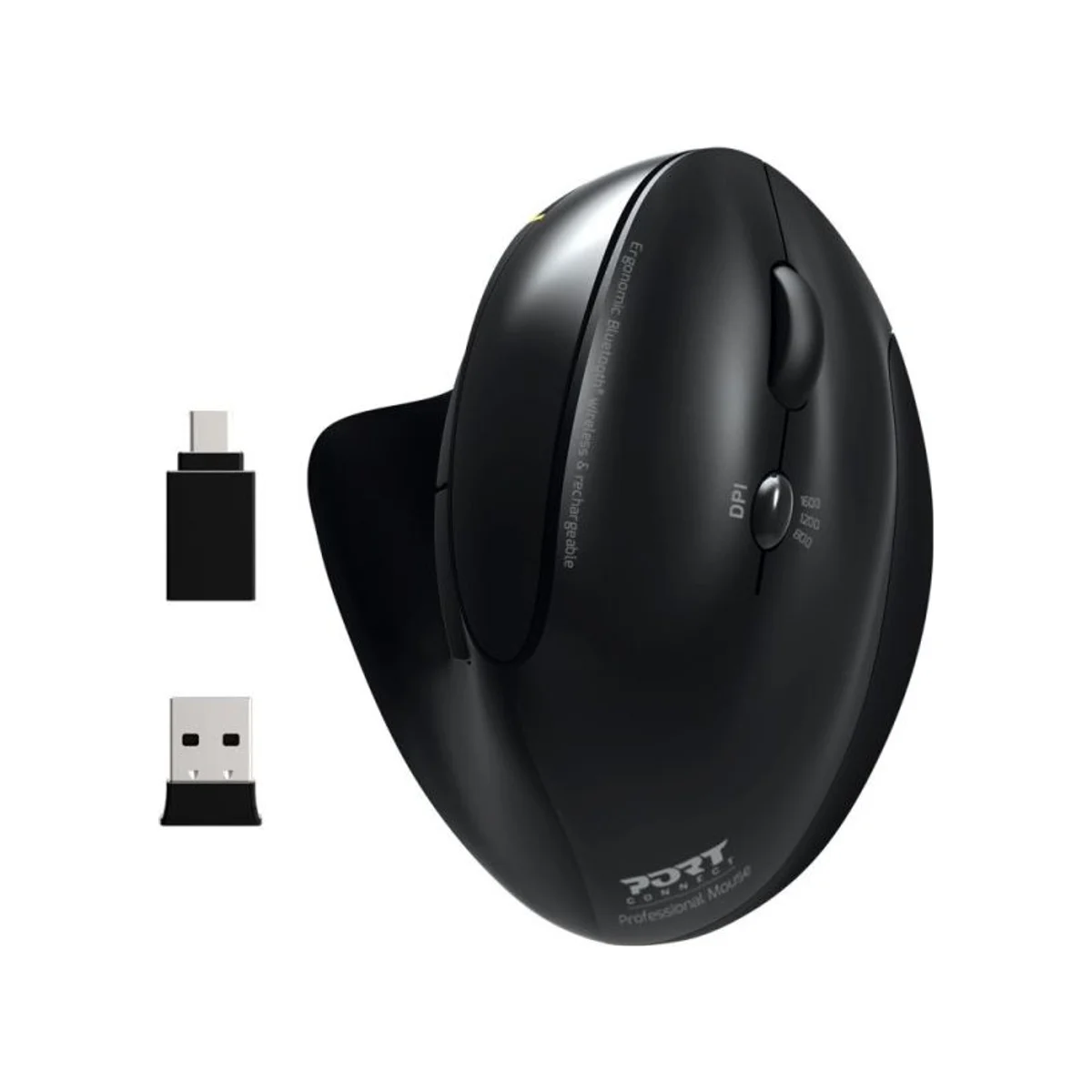 PORT Designs Ergonomic Rechargeable 2.4 GHz Bluetooth Wireless Mouse (Black, Silent, Plug-and-Play) - 900706-BT