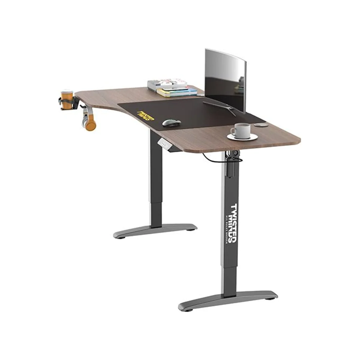 TWISTED MINDS T Shaped Height Adjustable Electric Gaming Desk (160CM*75CM) Walnut - Carbon Fiber Texture, Cup Holder, Headphone Holder, Sedentary Reminder - TM-T-9085-L view 3