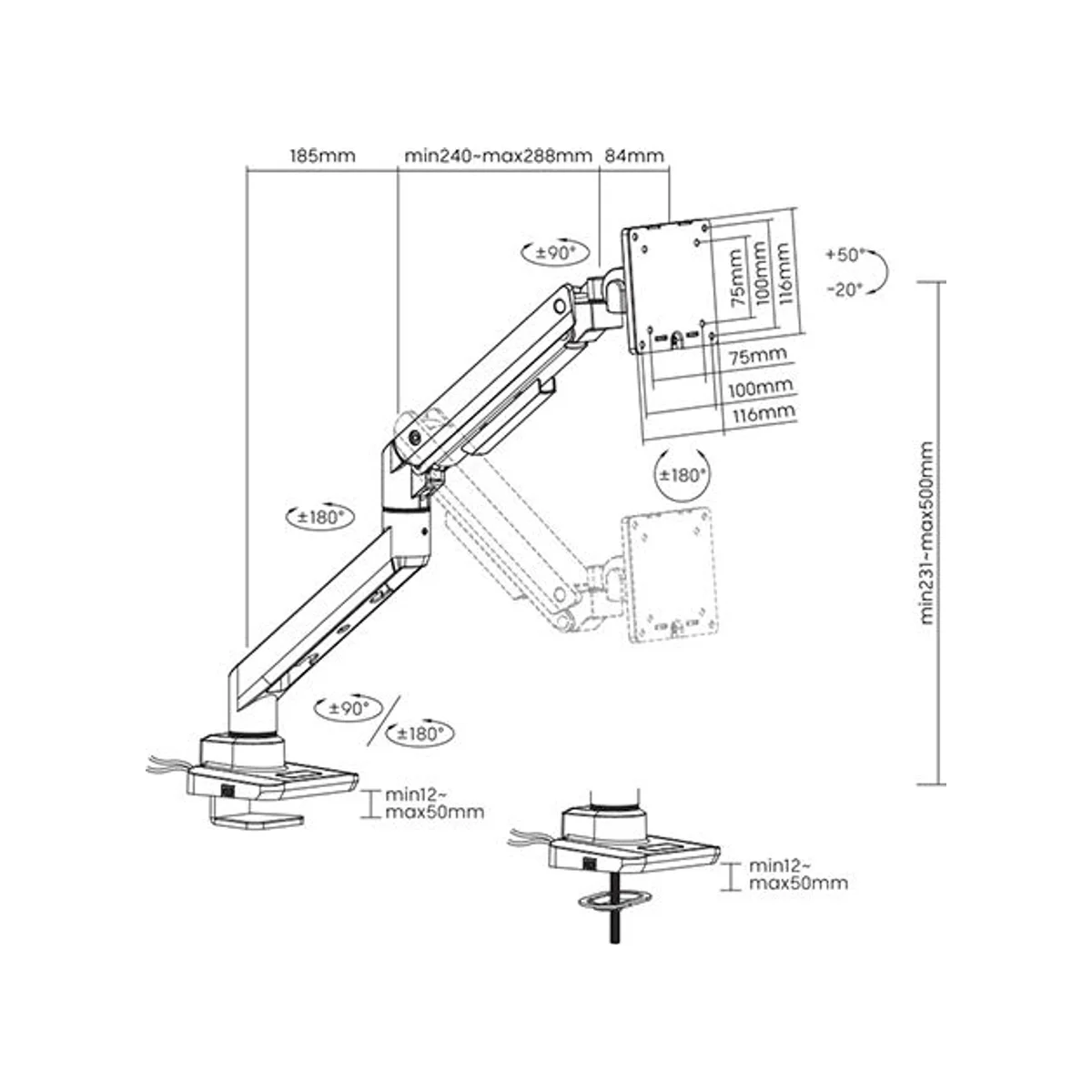 SKILL TECH Fabulous Heavy-Duty Gas Spring Monitor Mount Stand - White (17"-49", Up to 44lbs, VESA 75x75/100x100, USB-C) - SH69-C012UC view 4