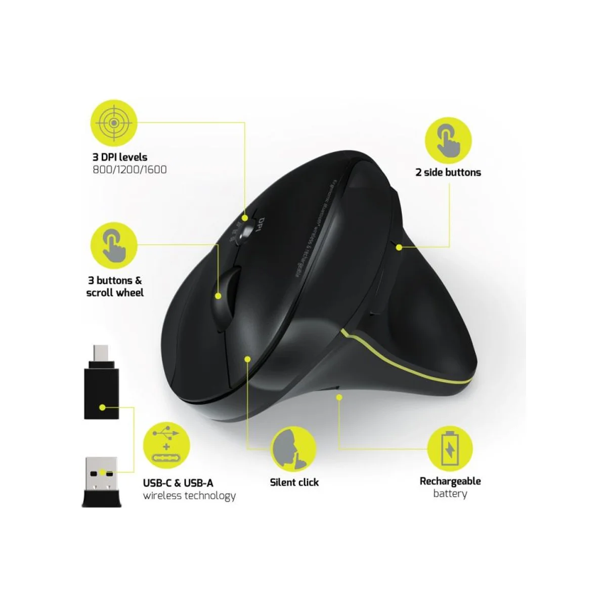PORT Designs Ergonomic Rechargeable 2.4 GHz Bluetooth Wireless Mouse (Black, Silent, Plug-and-Play) - 900706-BT view 5