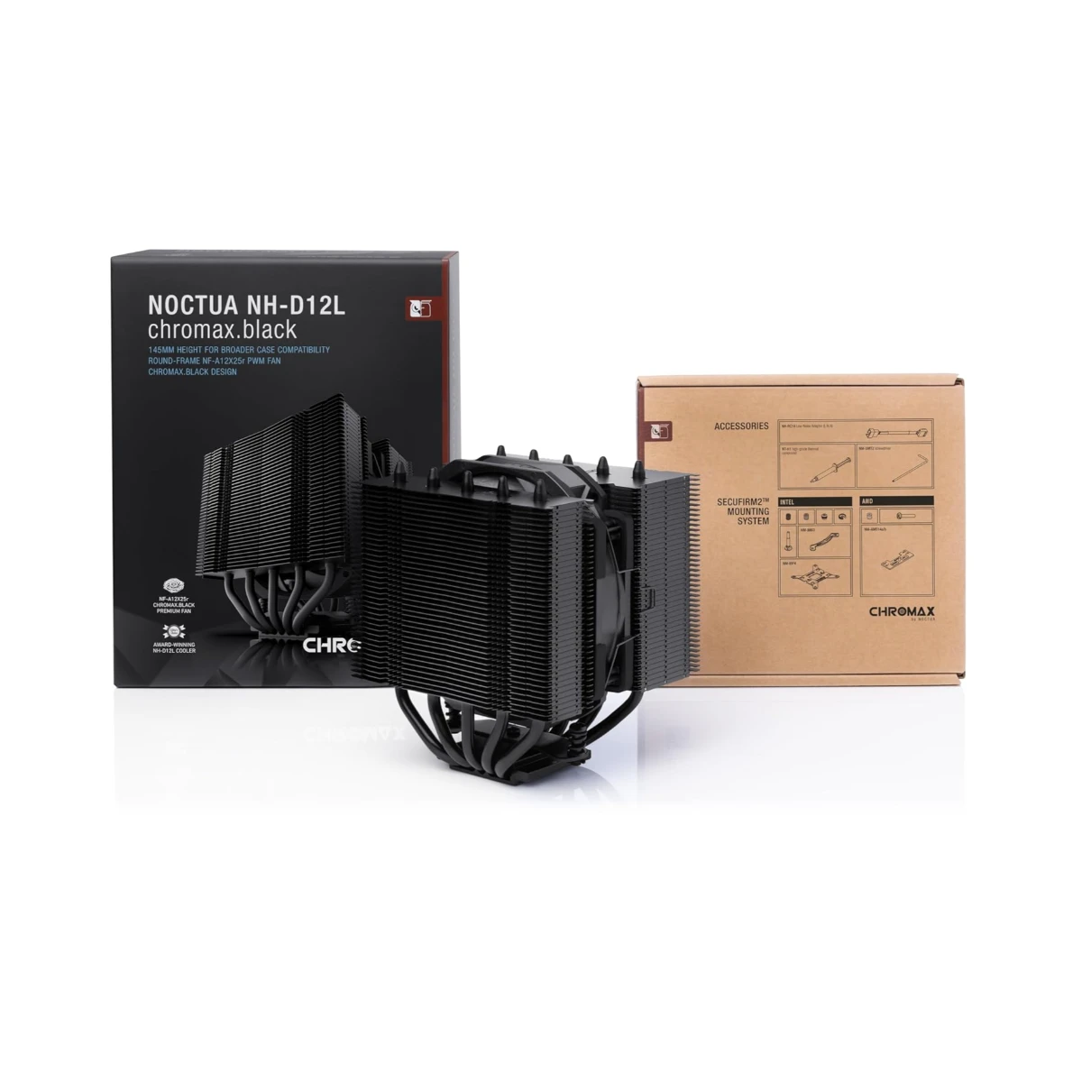 Noctua NH-D12L chromax.black Premium Air CPU Cooler - Black (NF-A12x25r 120mm Fan, SSO2 Bearing, 2000 RPM) - NH-D12L CH BK view 4